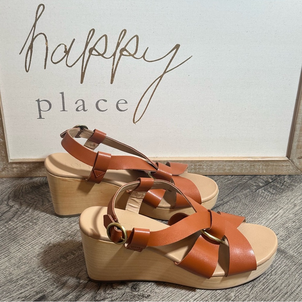 ANN TAYLOR LOFT Cognac Strappy Crossover Platform Wedge Sandals 9.5 - Picture 4 of 9
